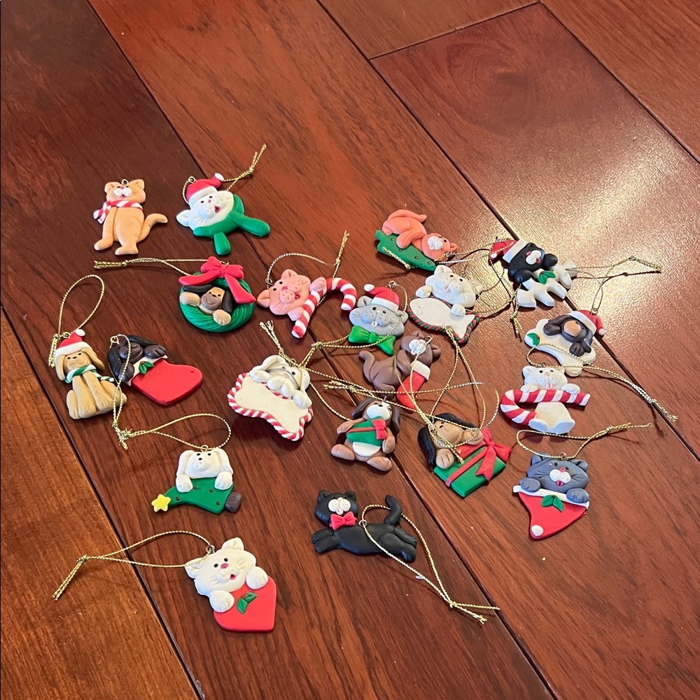 Assorted Holiday Cat and Animal Ornaments - Red, Green, White